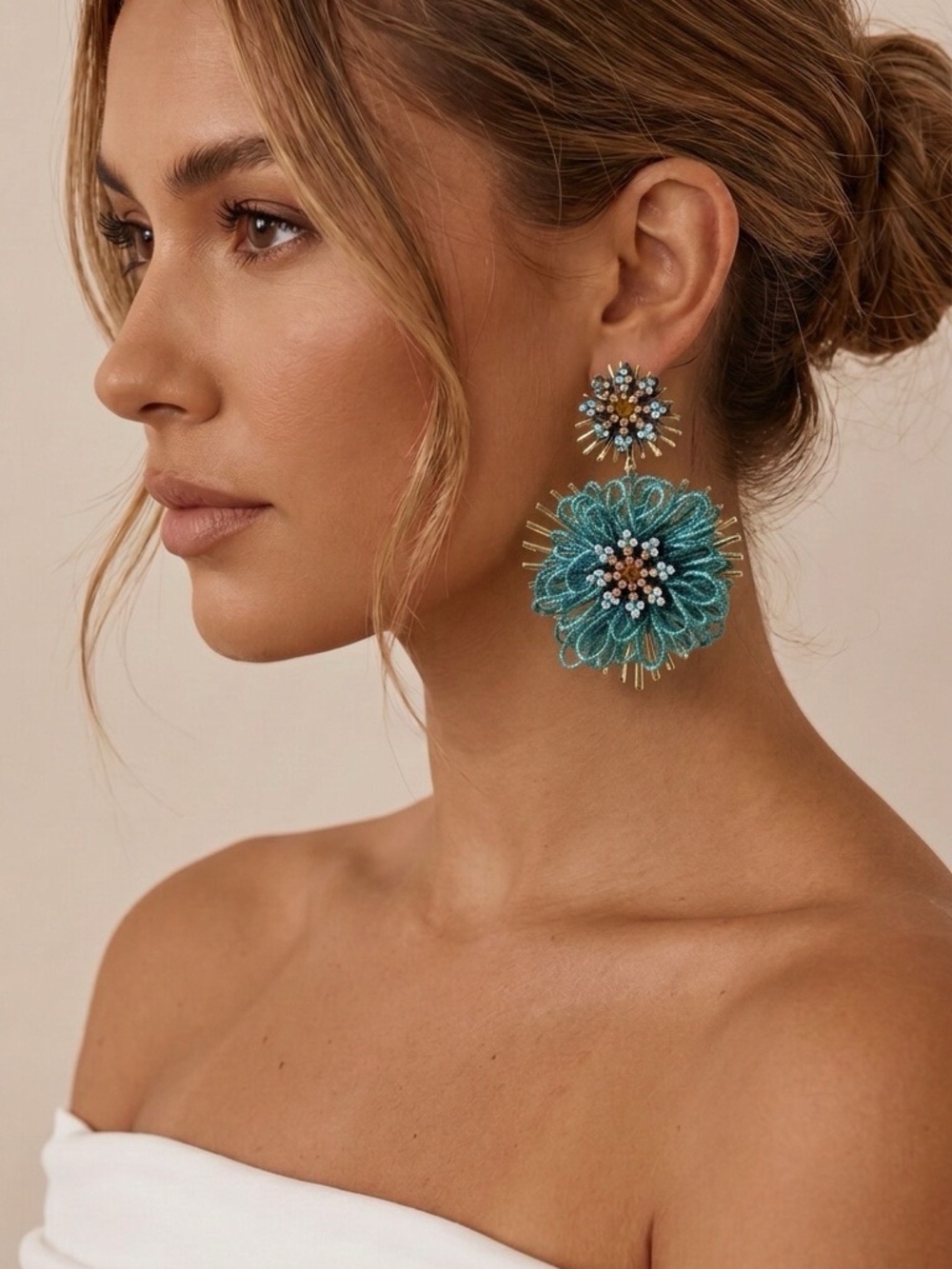 eye candy Teal and Gold Floral Bead Earrings Set